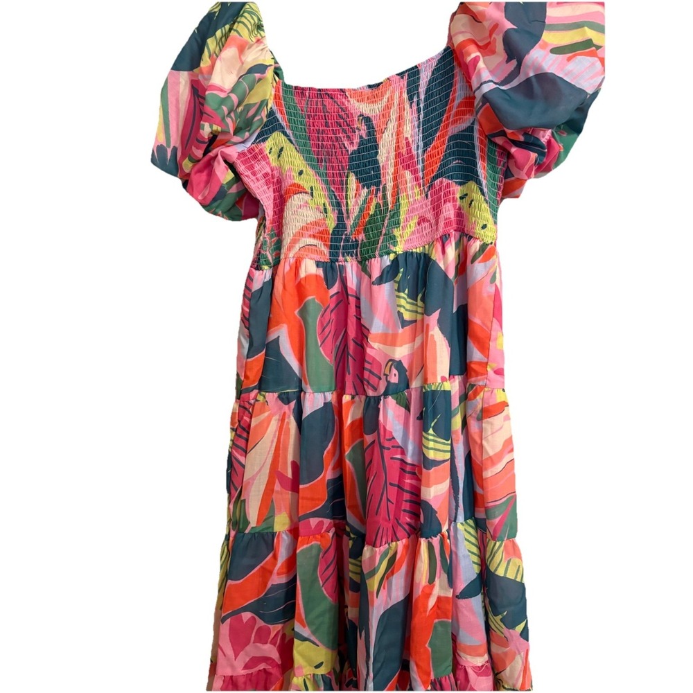 Crystal Doll Multicolor Floral Dress Square Neck Puff Sleeve Midi‎ XL